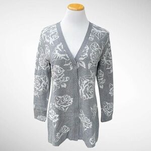 Isaac Mizrahi Gray Jacquard Rose-Print Cardigan Sweater Buttondown Tunic